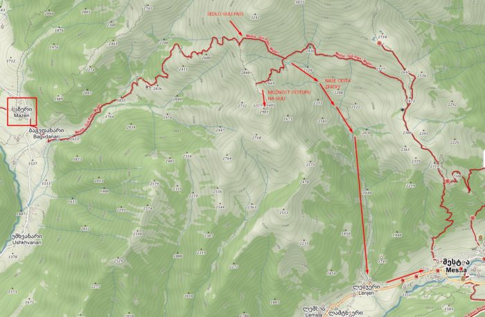 Mapa cesty z Mazeri přes Guli pass do Mestie